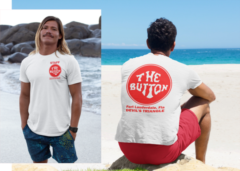 Button on the Beach White T-Shirt (FRONT & BACK PRINTED) - 100% Cotton - Short Sleeve