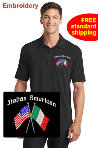 Italian American with Flags - Embroidered - Black Mens Polo Shirt