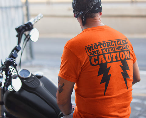 Motorcycles are Everywhere - Lightning Bolts - Bright Orange SHORT Sleeve T-shirt