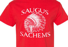 Saugus Sachems Skull -  RED T-SHIRT - 1 color front print ONLY