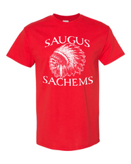 Saugus Sachems Skull -  RED T-SHIRT - 1 color front print ONLY